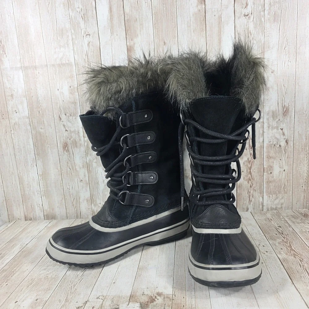 Sorel Joan of Arctic Black Waterproof Winter‎ Snow Boots Faux Fur Mens 7